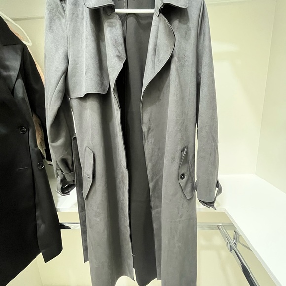 Tahari Faux Suede Long Open Trench Coat in Smoke - Picture 3 of 3